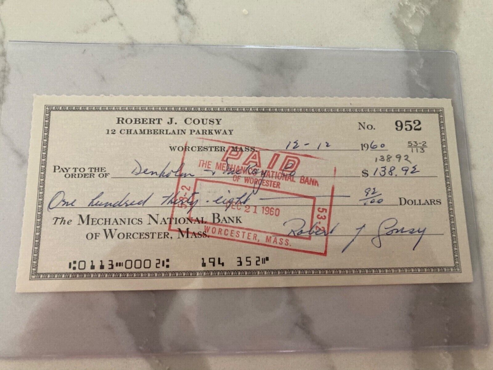 1960 Bob Cousy Hof Boston Celtics Signed Personal Bank Check Auto Autographed